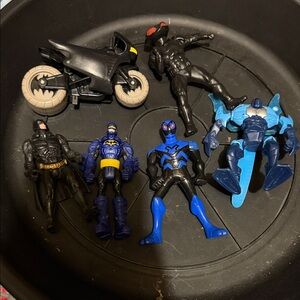 Superhero Action Figure Set with Motorcycle - Black, Blue, and Beige